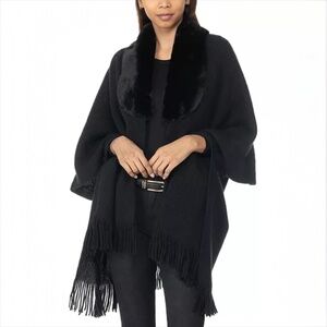 NWT INC International Concepts Faux Fur Collar Fringe Trim Black Sweater Wrap OS